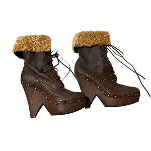 Sam Edelman Winsford Brown Leather Lace Up Clogs Fur Booties Size 8.5